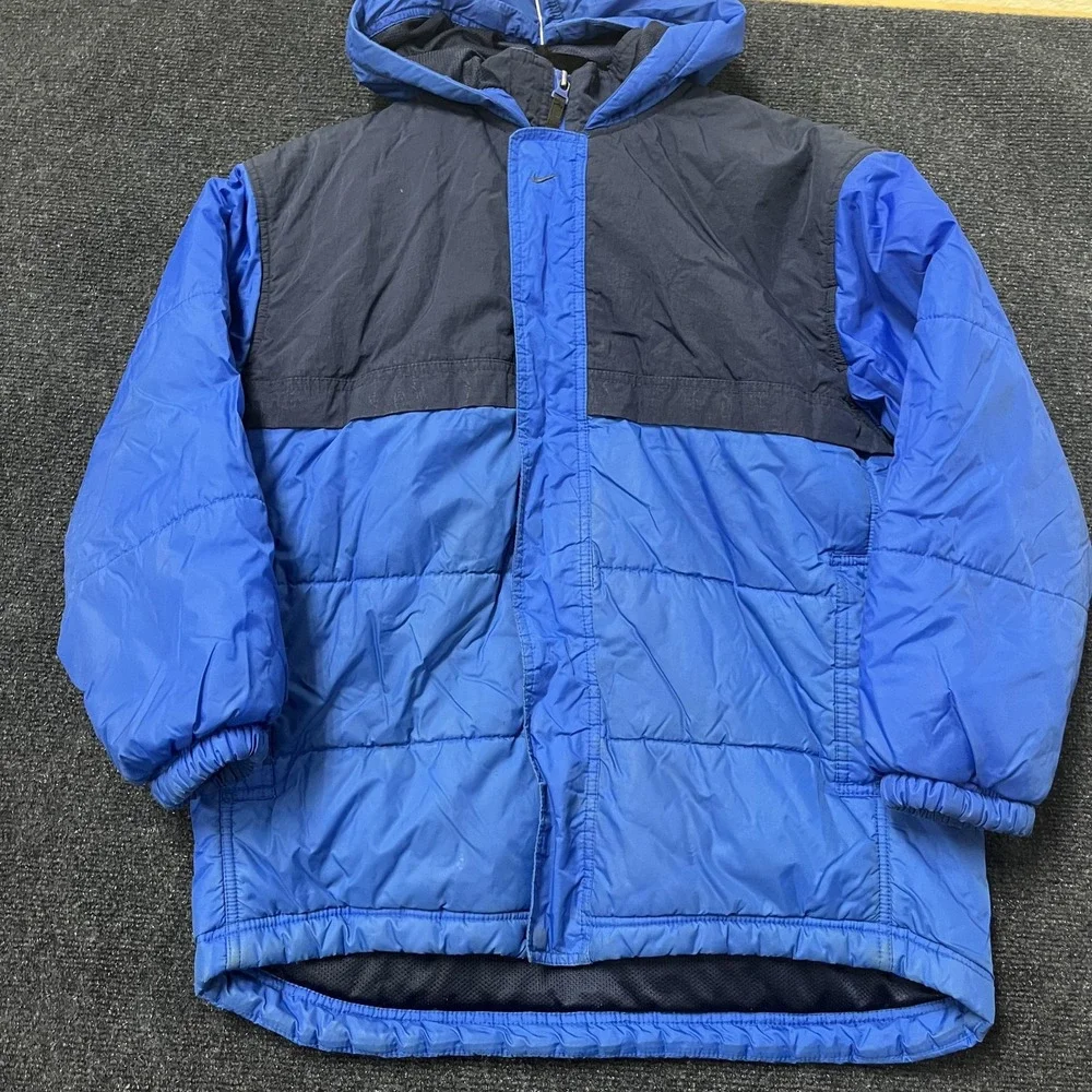 Vintage Nike Jacket Youth Medium Blue Hooded Puffer Coat Winter Zip Up‎ Swoosh
